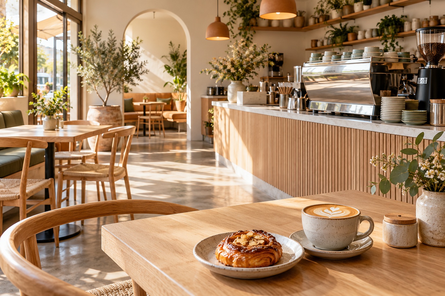 Illustrative neighbourhood cafe with coffee and a pastry