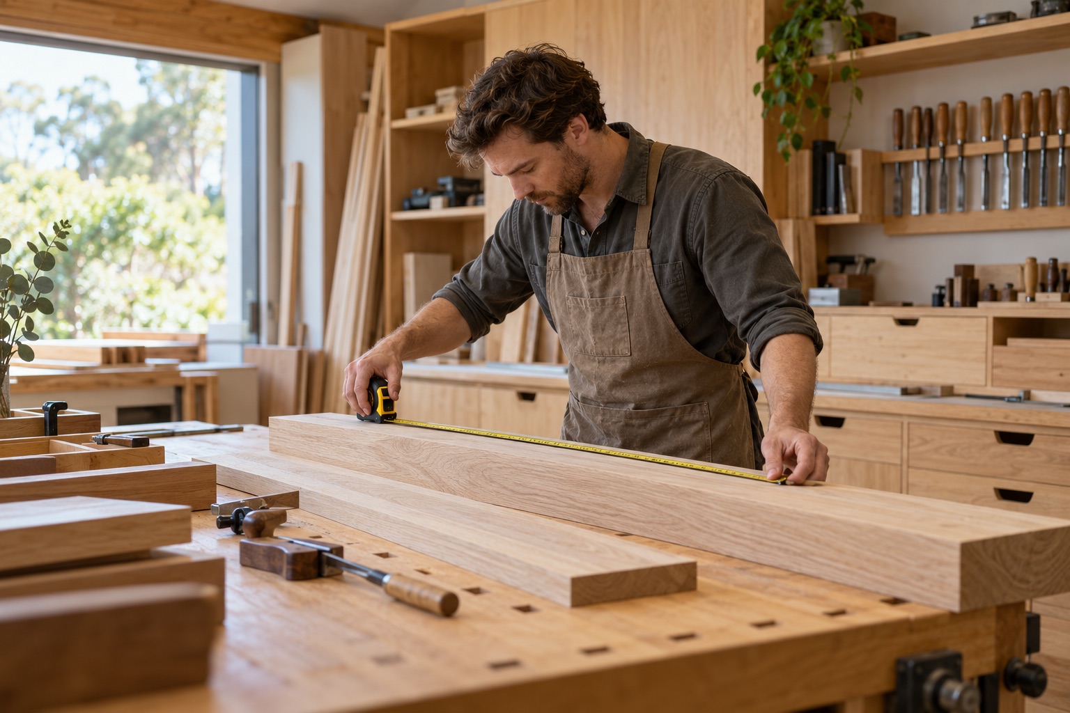 Illustrative carpenter measuring timber in a modern workshop