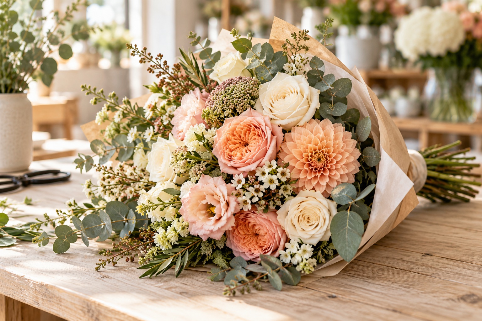Illustrative seasonal flower bouquet on a florist workbench