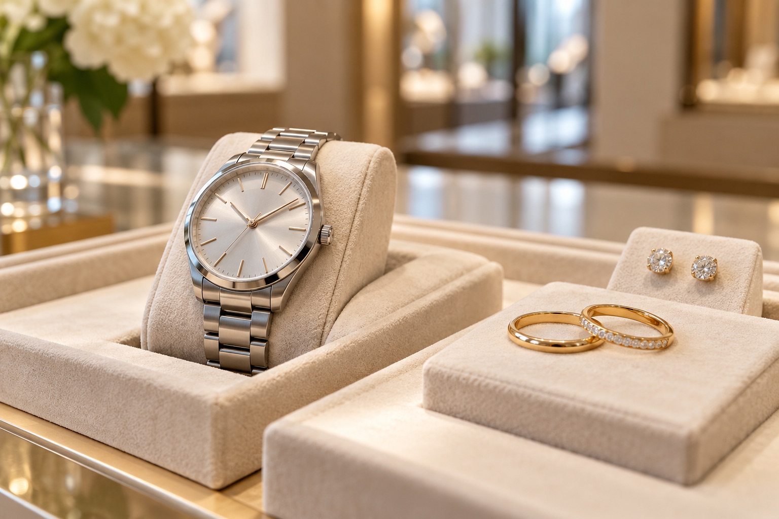 Illustrative watch and fine jewellery displayed on cream presentation trays