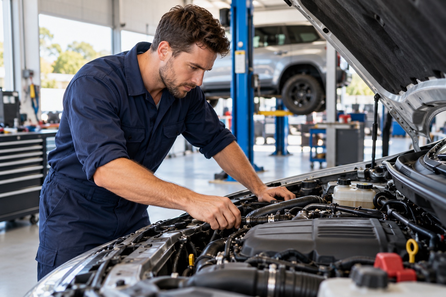 Illustrative mechanic inspecting a car in a modern workshop