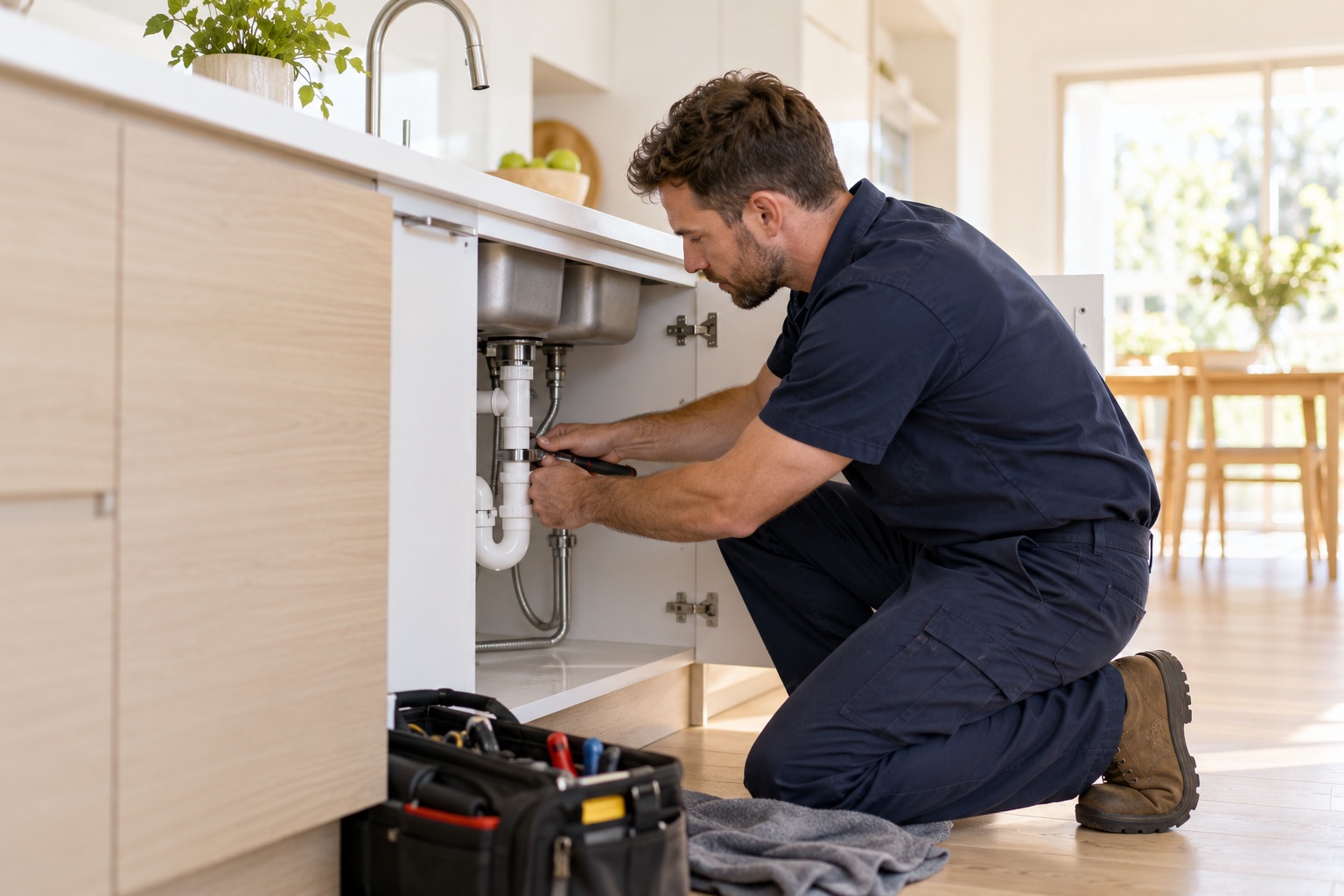Illustrative plumber repairing pipework beneath a kitchen sink